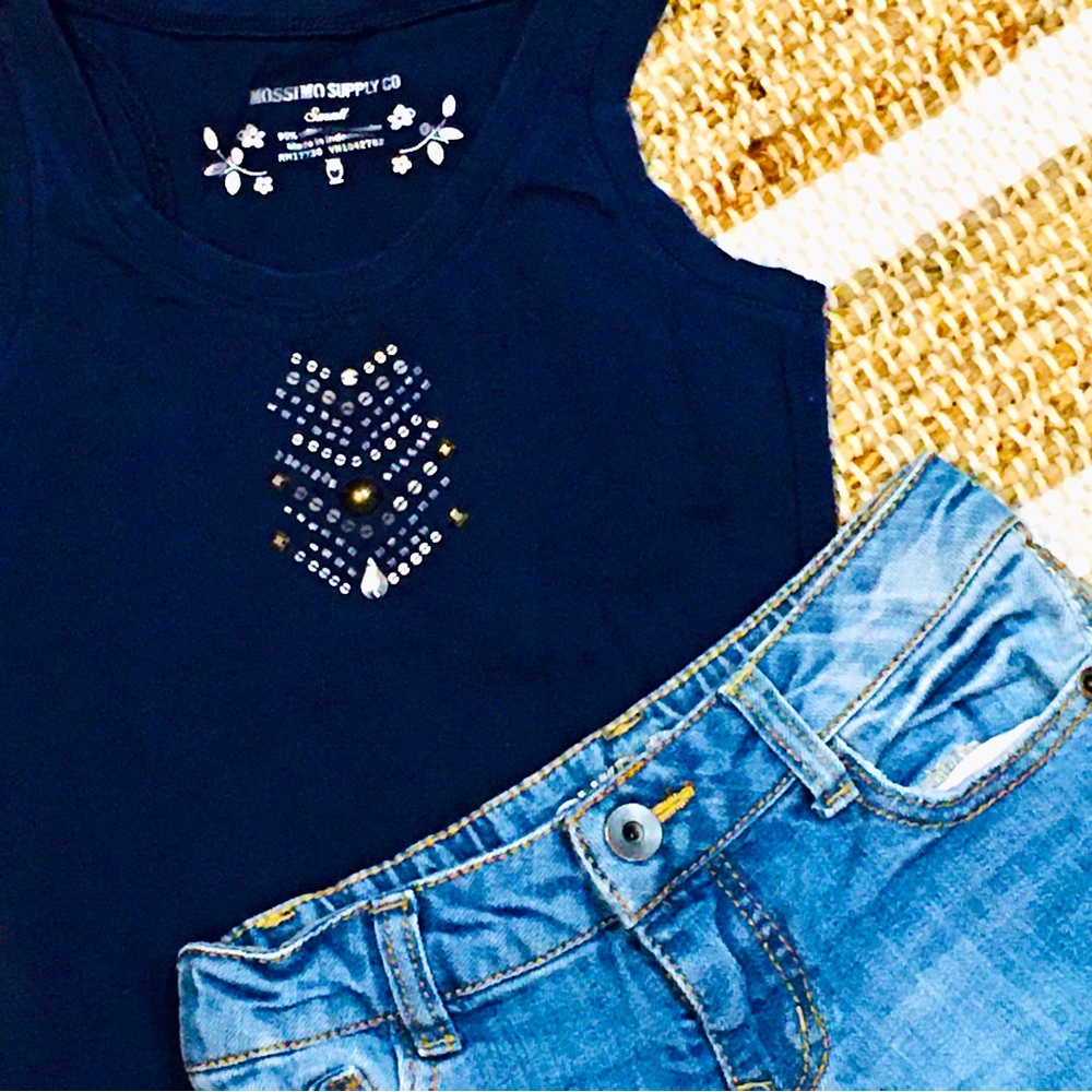 Sequin navy blue tank top denim shorts girl summer outfit set school - 4…